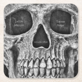 Posavasos Cuadrado De Papel Calavera Gótica Enfrenta Tatuaje Blanco Y Negro