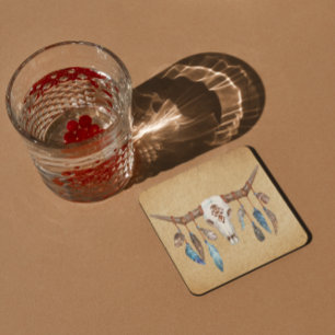 Posavasos Cuadrado De Papel Calavera occidental acuarela con plumas