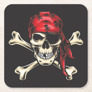 Posavasos Cuadrado De Papel Calavera pirata y huesos cruzados
