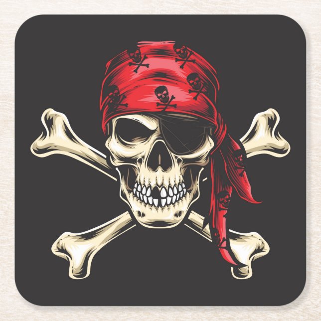 Posavasos Cuadrado De Papel Calavera pirata y huesos cruzados (Anverso)