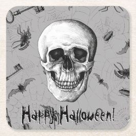 Posavasos Cuadrado De Papel Calavera y arañas escalofriantes
