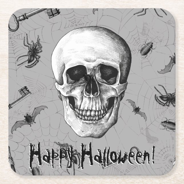Posavasos Cuadrado De Papel Calavera y arañas escalofriantes (Anverso)
