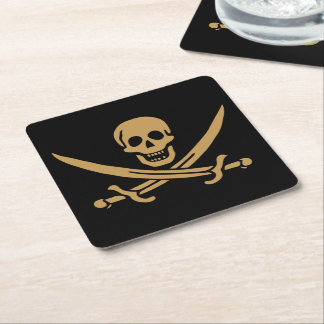 Posavasos Cuadrado De Papel Calavera y Cutlass de Oro Azteca Pirata Calico Jac