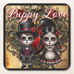 Posavasos Cuadrado De Papel Calaveras de azúcar de romance oscuro_ Amor de cac