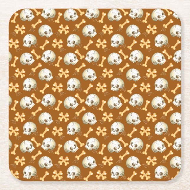 Posavasos Cuadrado De Papel Calaveras espeluznantes y huesos Patrón Halloween  (Anverso)