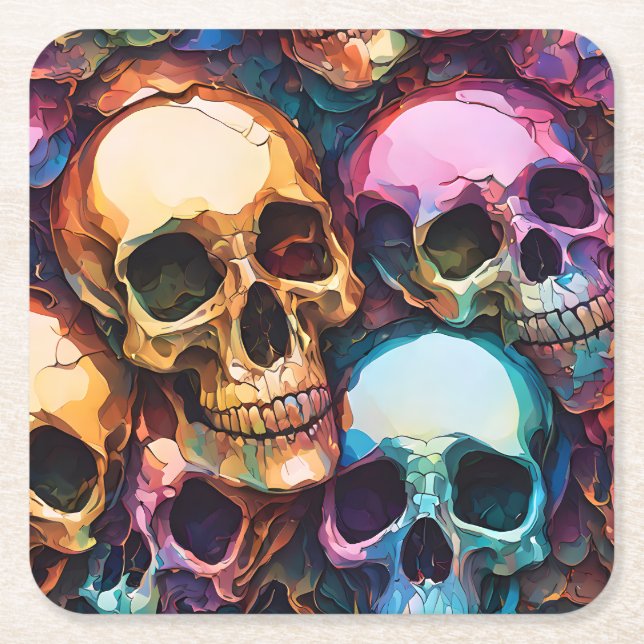 Posavasos Cuadrado De Papel Calaveras Funky (Anverso)