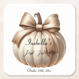 Posavasos Cuadrado De Papel Calcomanía de cumpleaños número uno de calabaza –