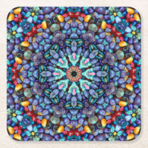 Posavasos Cuadrado De Papel Caleidoscopio azul del fractal del vintage de