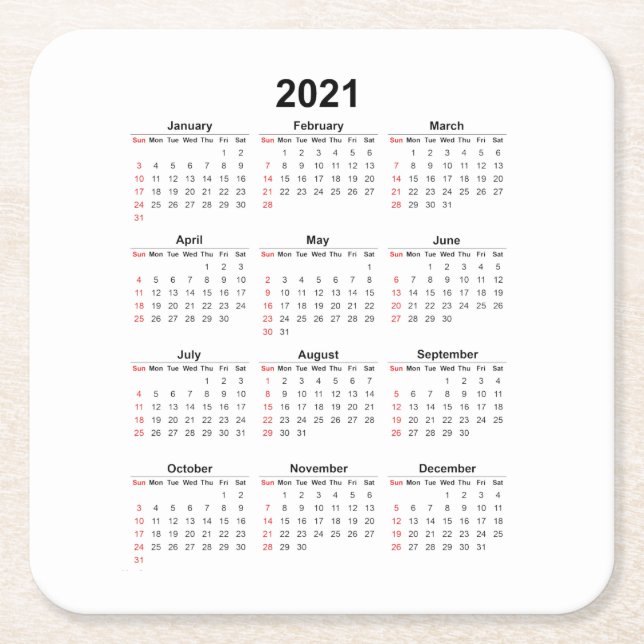 Posavasos Cuadrado De Papel Calendario mensual de 2021 (Anverso)