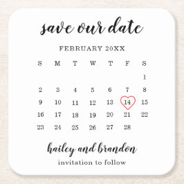 Posavasos Cuadrado De Papel Calendario moderno Boda de corazón rojo salva la f
