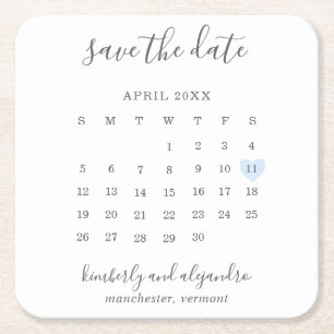 Posavasos Cuadrado De Papel Calendario Sencillo Corazón Azul Pastel Guardar la