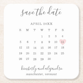 Posavasos Cuadrado De Papel Calendario Simple Corazón Rosa Pastel Salva la Fec