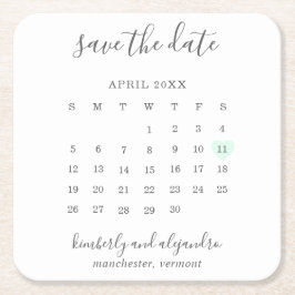Posavasos Cuadrado De Papel Calendario Simple Corazón Verde Pastel Guardar la
