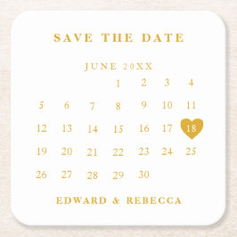 Posavasos Cuadrado De Papel Calendario Simple Dorado y Blanco Guarda la Fecha