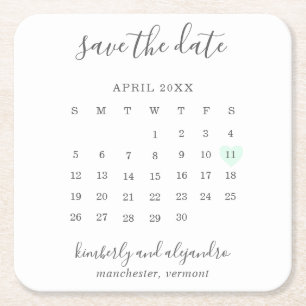 Posavasos Cuadrado De Papel Calendario simple Pastel Corazón verde Guardar la