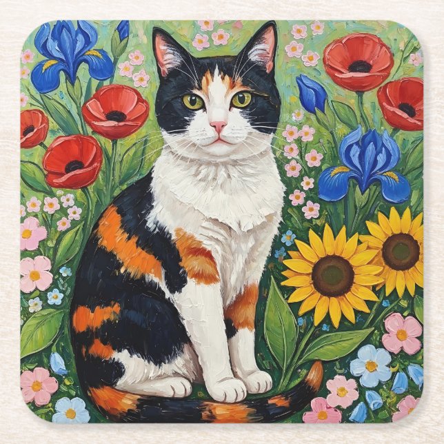 Posavasos Cuadrado De Papel Calico Cat and Folk Art Sunflowers (Anverso)