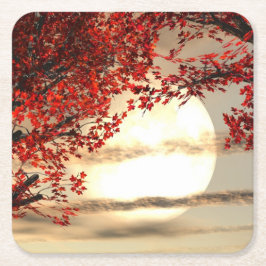 Posavasos Cuadrado De Papel Cálida noche bajo el árbol rojo - Arte digital