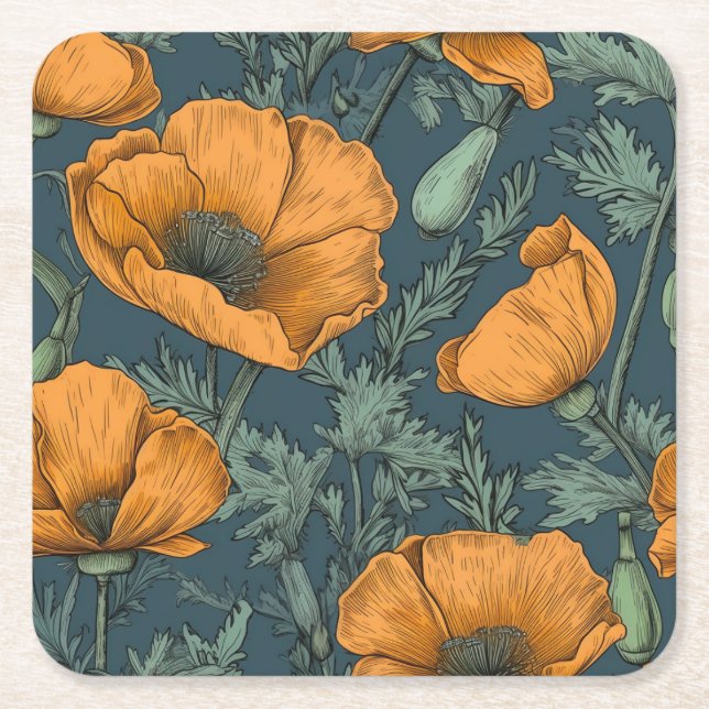 Posavasos Cuadrado De Papel California Poppies Floral Coaster (Anverso)
