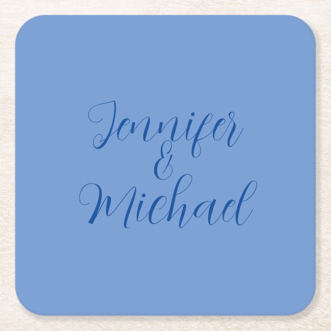 Posavasos Cuadrado De Papel Caligrafía azul clásica profesional boda (Anverso)