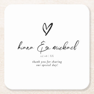 Posavasos Cuadrado De Papel Caligrafía de amor Gracias Corazón Negro B&W ID940