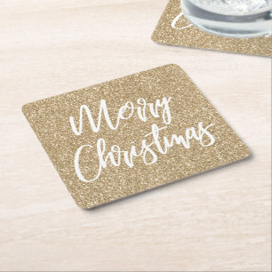 Posavasos Cuadrado De Papel Caligrafía de Feliz Navidad con Brillo Falso Dorad