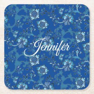 Posavasos Cuadrado De Papel Caligrafía Elegante Floral Azul Nombre personaliza