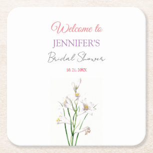 Posavasos Cuadrado De Papel Caligrafía Elegante Floral Bienvenida Ducha Nupcia
