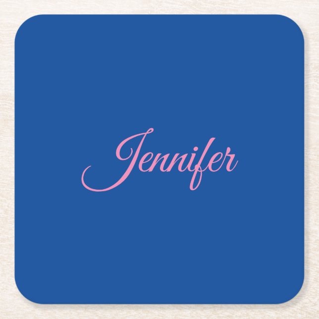 Posavasos Cuadrado De Papel Caligrafía Elegante Nombre personalizado rosa azul (Anverso)