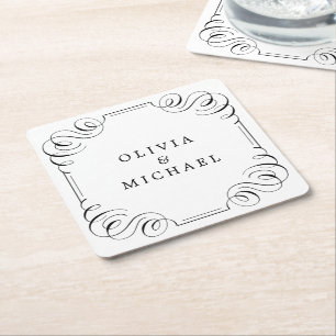 Posavasos Cuadrado De Papel Caligrafía floreciente de época blanca y blanca