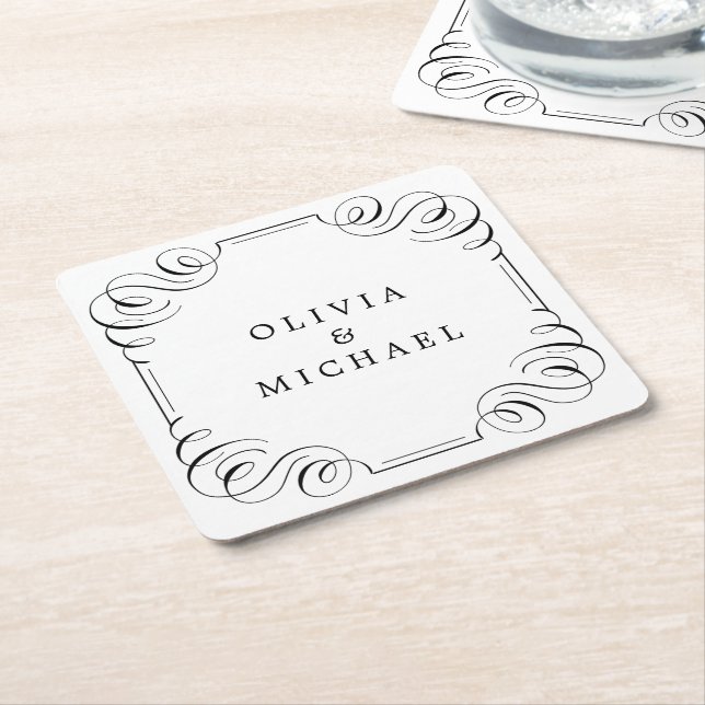 Posavasos Cuadrado De Papel Caligrafía floreciente de época blanca y blanca (En perspectiva)