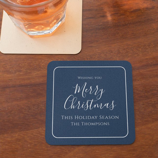 Posavasos Cuadrado De Papel Caligrafía navideña simple marina dulce azul (Merry Christmas holiday party paper coaster)