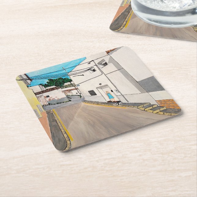 Posavasos Cuadrado De Papel Calle Cabanilles Painting by Alfred Fox (En perspectiva)
