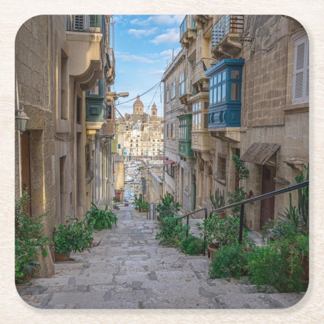 Posavasos Cuadrado De Papel Calle estrecha de piedra en Malta (Anverso)
