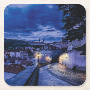 Posavasos Cuadrado De Papel Calle nocturna de Praga