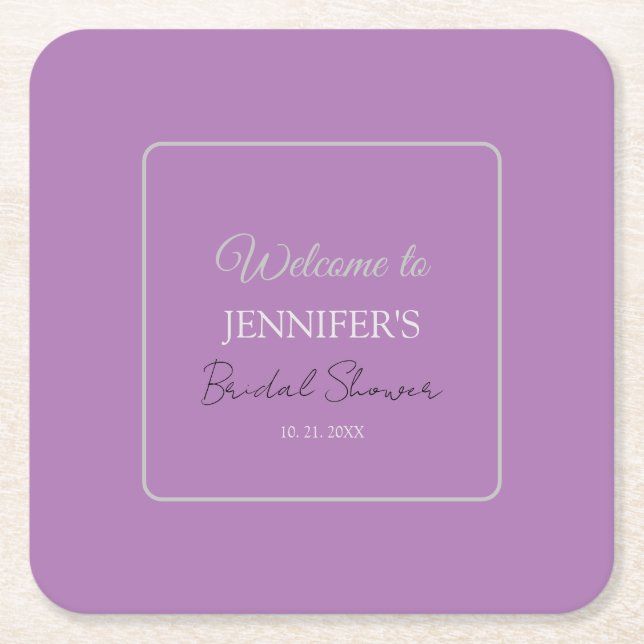 Posavasos Cuadrado De Papel Calligrafía Elegante Lavanda Bienvenida Ducha Brid (Anverso)