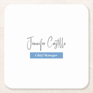 Posavasos Cuadrado De Papel Calligrafía Minimalista blanca y azul llana