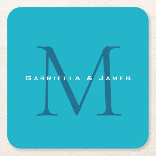 Posavasos Cuadrado De Papel Calligrafía monogramada Azure Blue Modern Plain