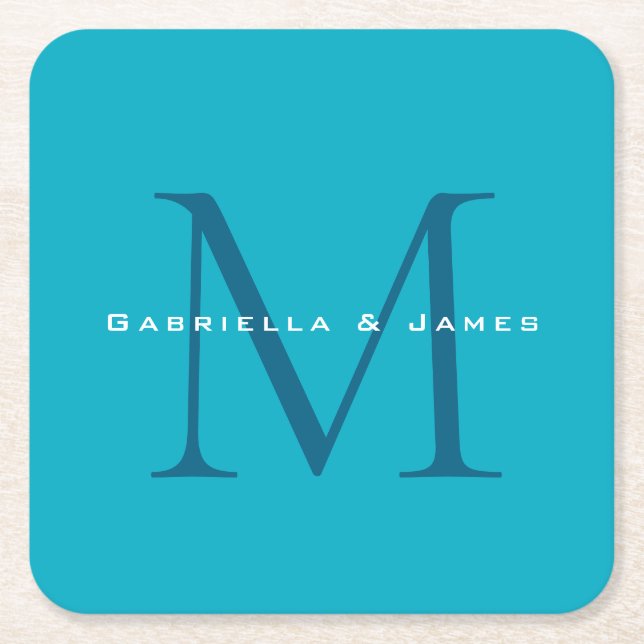 Posavasos Cuadrado De Papel Calligrafía monogramada Azure Blue Modern Plain (Anverso)