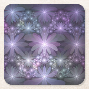 Posavasos Cuadrado De Papel Cama de flores arte fractal abstracto brillante de
