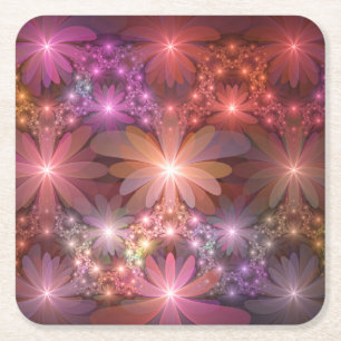 Posavasos Cuadrado De Papel Cama de flores colorido arte fractal abstracto bri