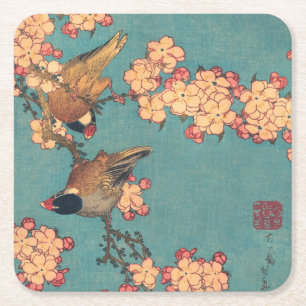 Posavasos Cuadrado De Papel Camachuelo de Hokusai y Flor de Cerezo Ave Vintage