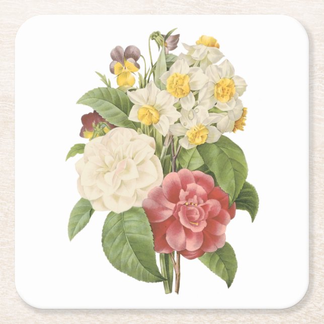 Posavasos Cuadrado De Papel camellia, narciso, pansy de Redouté (Anverso)