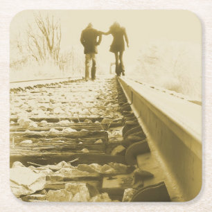 Posavasos Cuadrado De Papel Caminar por las Rails Hand-in-Hand - Coaster