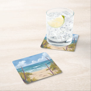 Posavasos Cuadrado De Papel Camino de la Playa   Agua de Océano Pintura Coster