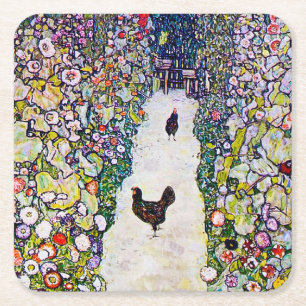 Posavasos Cuadrado De Papel Camino Jardín con Pollos, Gustav Klimt
