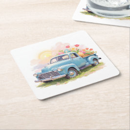 Posavasos Cuadrado De Papel Camión Azul Antiguo con Huevos de Pascua y Tulipan