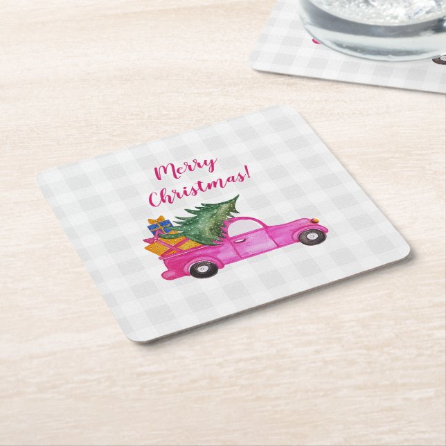Posavasos Cuadrado De Papel Camión Rosado Con Árbol Y Deseos (En perspectiva)