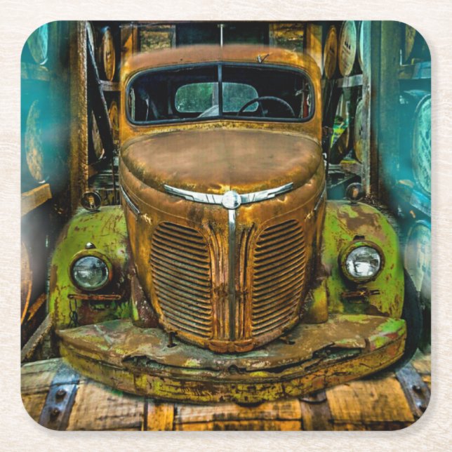 Posavasos Cuadrado De Papel Camión Vintage Whiskey Barrels (Anverso)