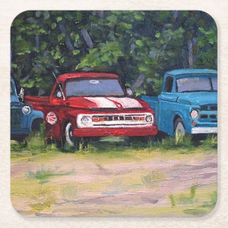 Posavasos Cuadrado De Papel Camiones Vintage azules y rojos, pintura de aceite