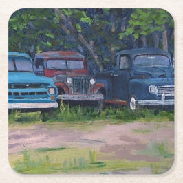 Posavasos Cuadrado De Papel Camiones Vintage azules y rojos, pintura original